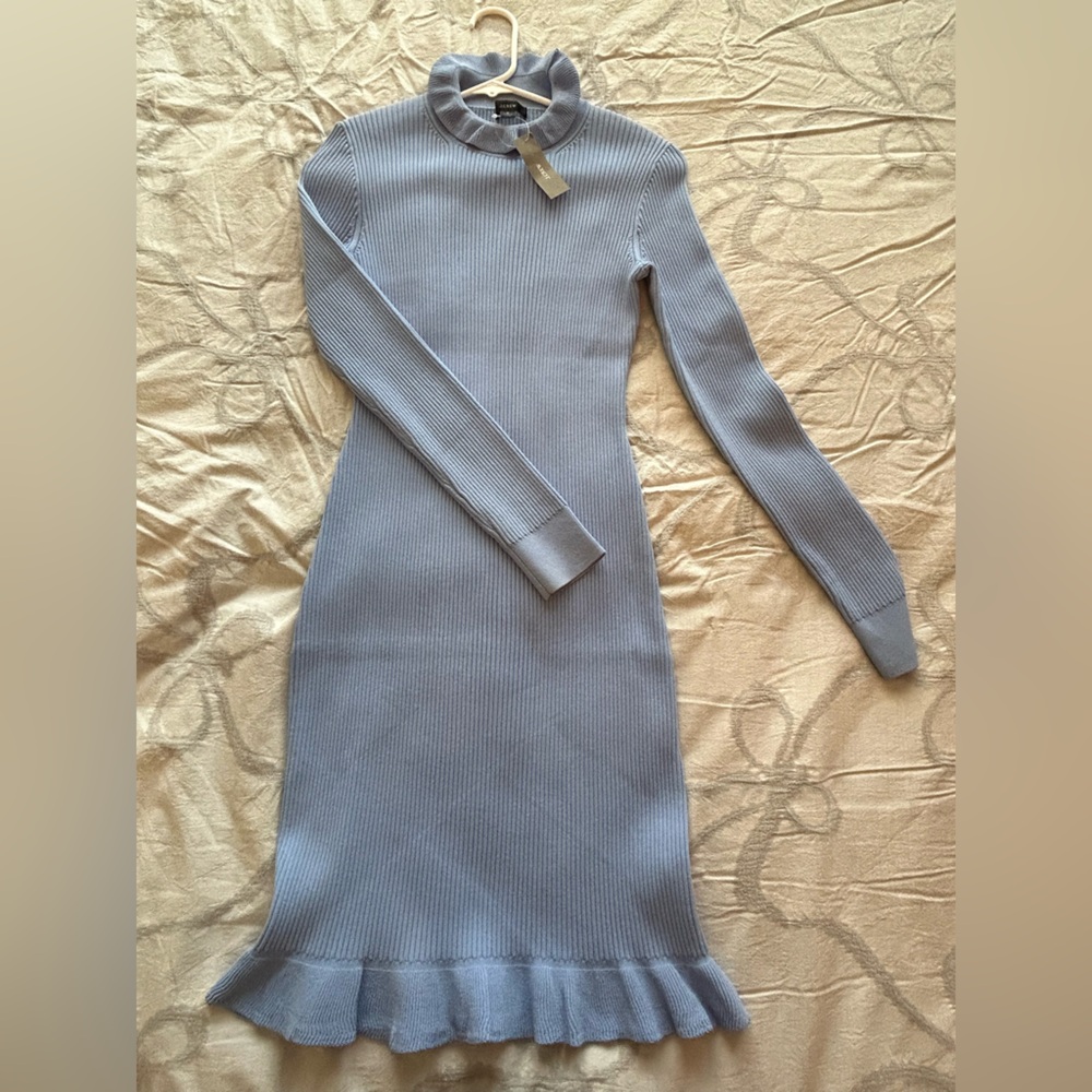 J. Crew Blue Ribbed Sheath Dress Long Sleeve Mock Neck - Picture 2 of 11